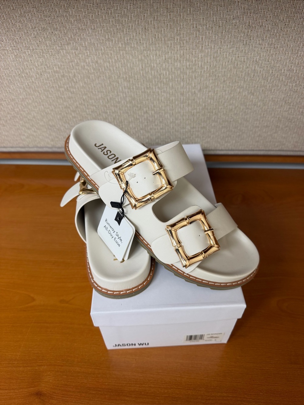 Jason Wu Cream Double-Buckle Slide Sandals with Gold Buckles
